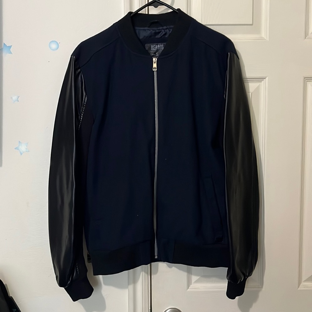Small Dark Blue, Leather Sleeved Bomber Jacket
